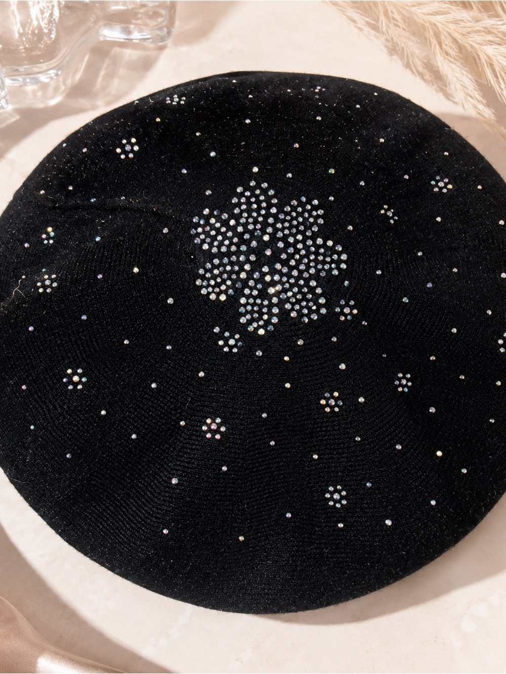 Black Velvet Beret with Crystal Accents - Women Accessories - Picture 4 of 4